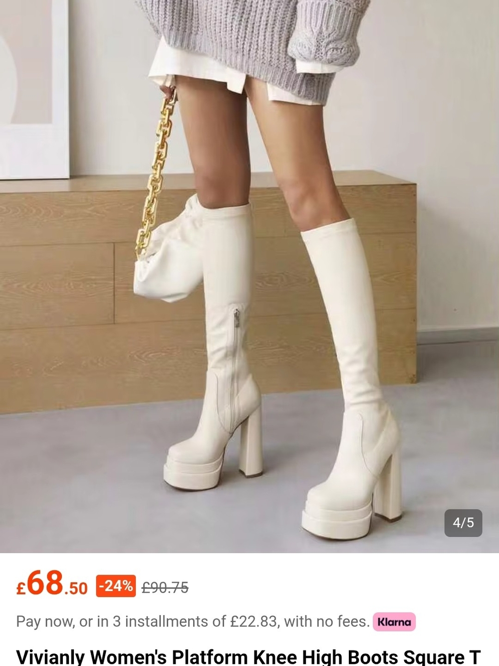 Vivianly Cream Knee-High Platform Block Heel Boots